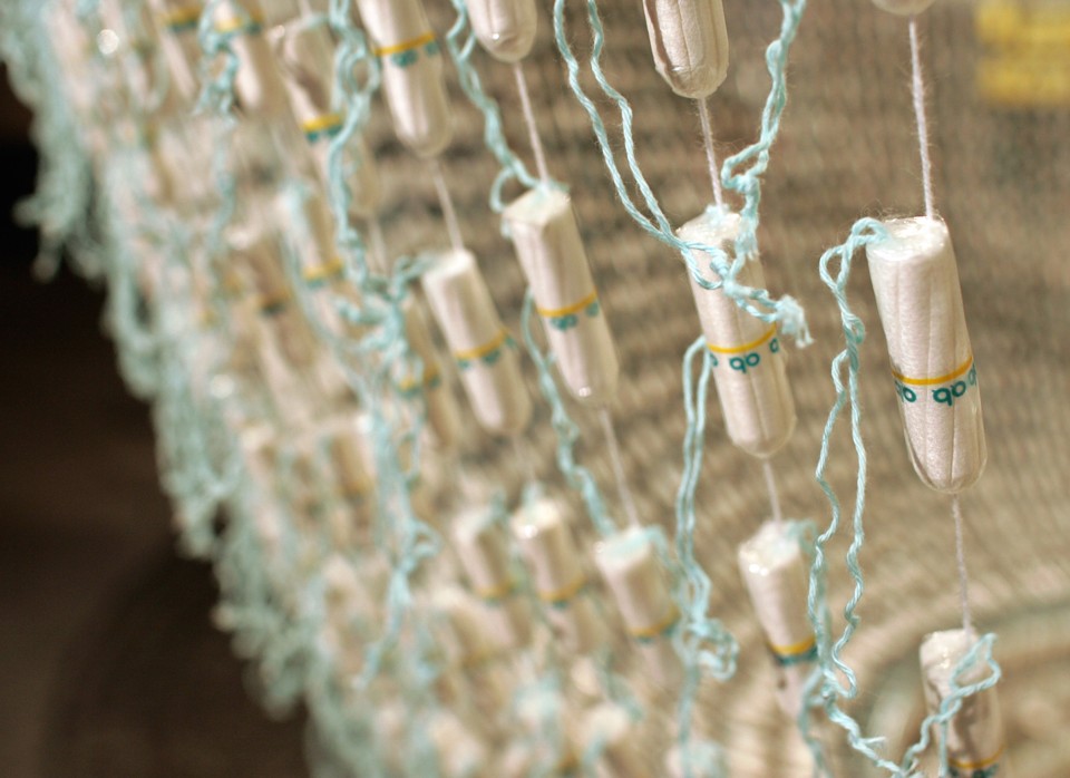 Close Up of  A chandelier made of tampons, entitled "The Bride" and created by Portuguese artist Joana Vasconcelos. Courtesy of http://www.theatlantic.com/health/archive/2015/06/tampon-taboo/394634/